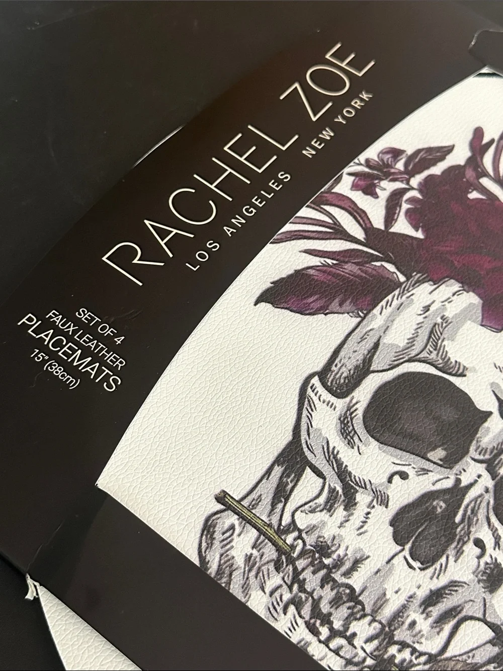 Rache Zoe Halloween floral skull set of 4 faux leather placemats